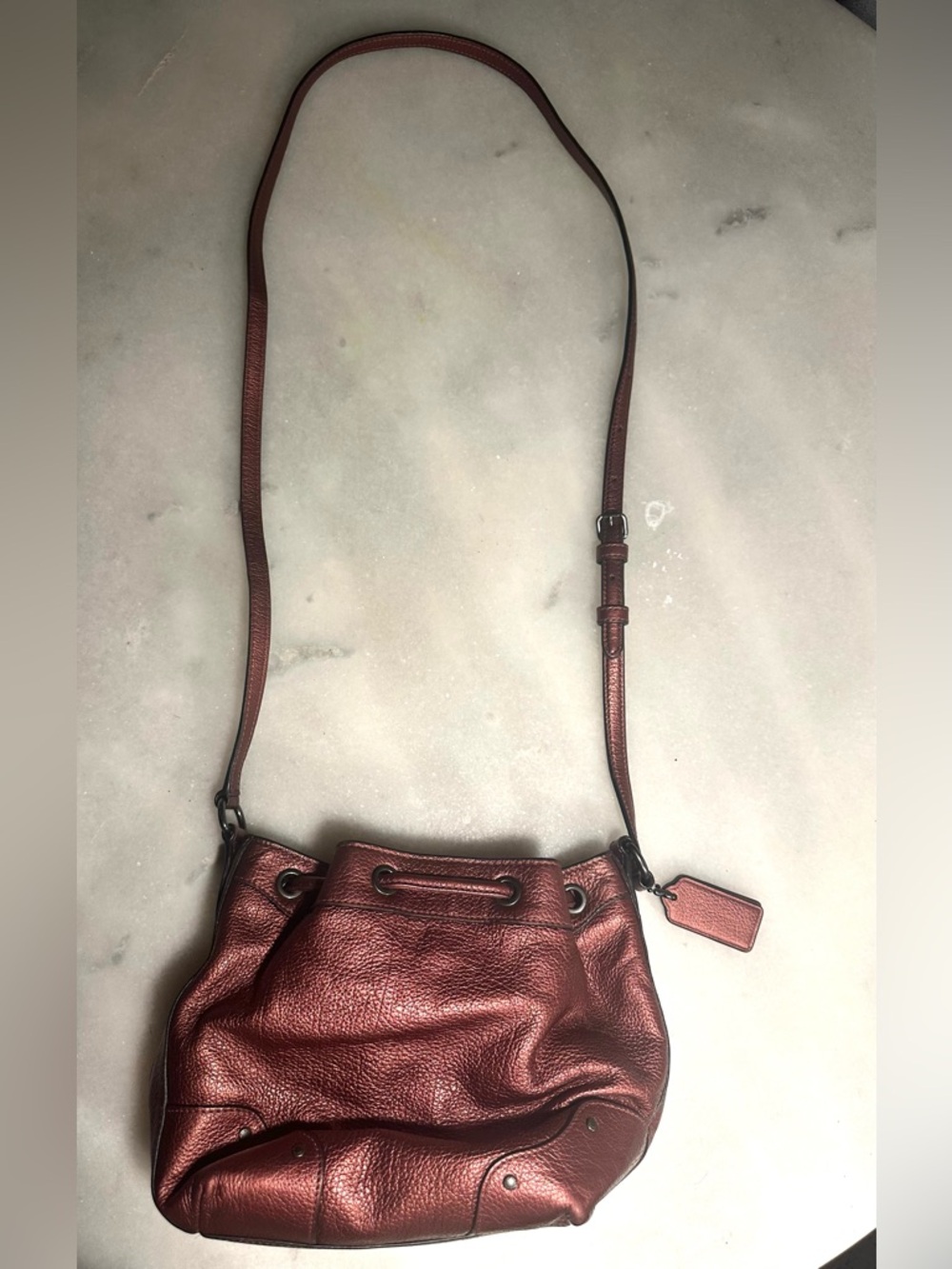 Coach Metallic Red Small Leather Drawstring Bucket Shoulder Crossbody Bag - Picture 2 of 15